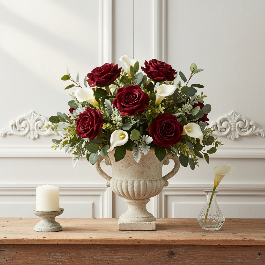 Artificial burgundy velvet rose stems arranged with white calla lilies and eucalyptus in aged cream stone urn, French country style floral arrangement