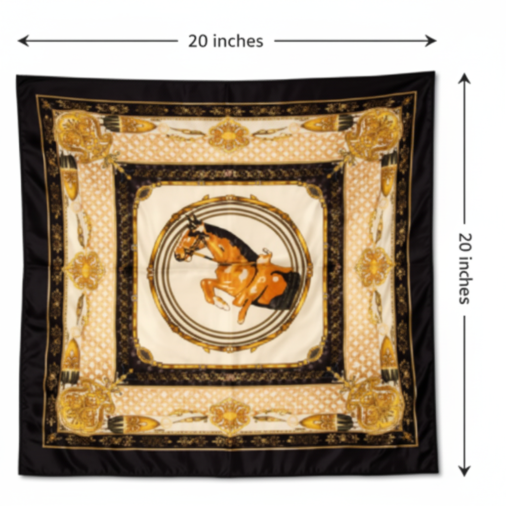 Navy gold equestrian horse medallion satin square scarf size diagram showing 20 x 20 inch dimensions with measurement lines