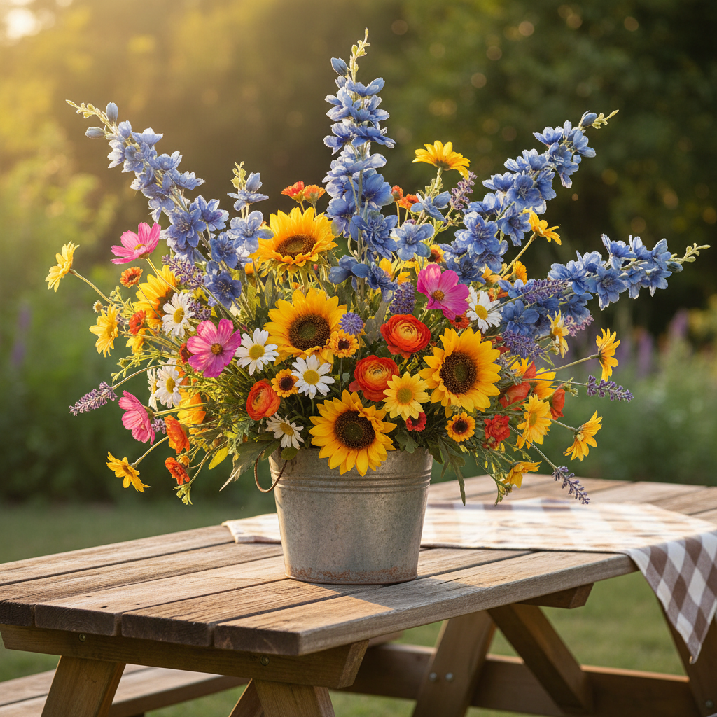 Three artificial blue delphinium silk flower stems in a galvanized metal bucket with sunflowers, orange ranunculus, hot pink cosmos, yellow daisies, and purple lavender in a summer wildflower arrangement