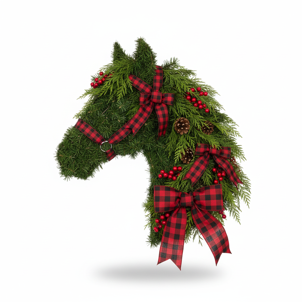Christmas holiday horse head wreath with red berries pine branches plaid ribbon western decor