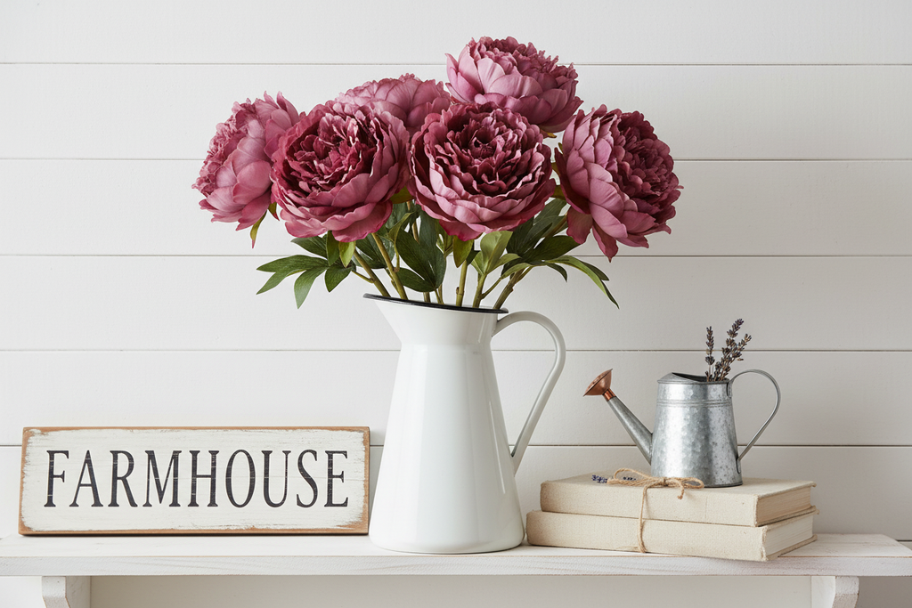 Lavender wine peony stems in vintage pitcher on white shiplap wall shelf with farmhouse accessories