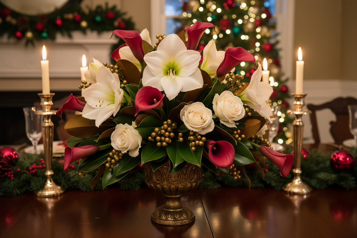 Christmas holiday centerpiece featuring deep true red artificial calla lily stems with white amaryllis, magnolia leaves, and gold berries in an antique gold footed compote