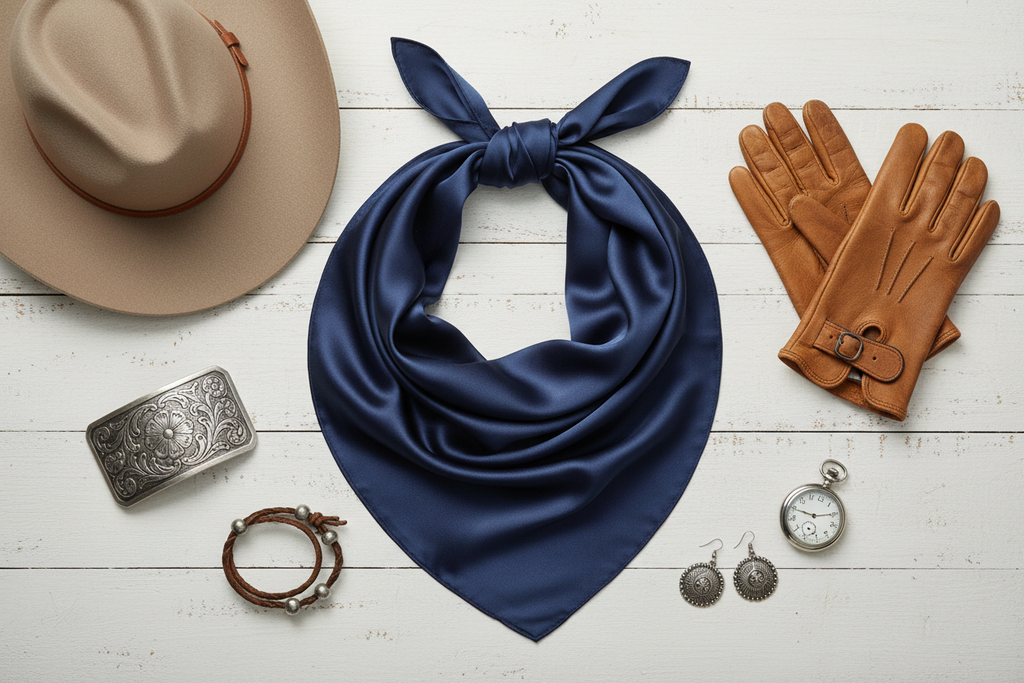 Navy blue wild rag flat lay with tan cowboy hat, brown leather gloves, and silver western accessories on white wood
