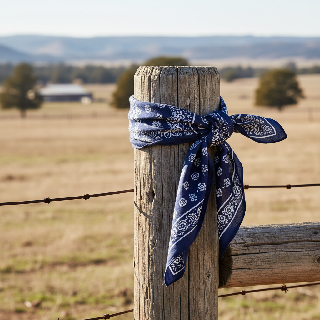 Navy blue paisley wild rag scarf styled as cowboy neckerchief on rustic ranch fence