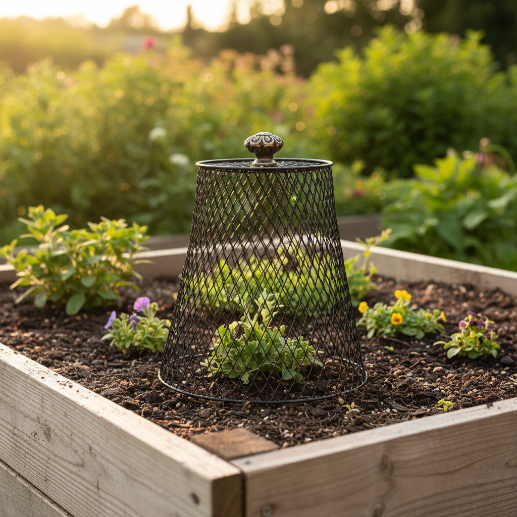 Black wire mesh basket flipped upside down as a DIY garden cloche protecting seedlings in a cottage garden