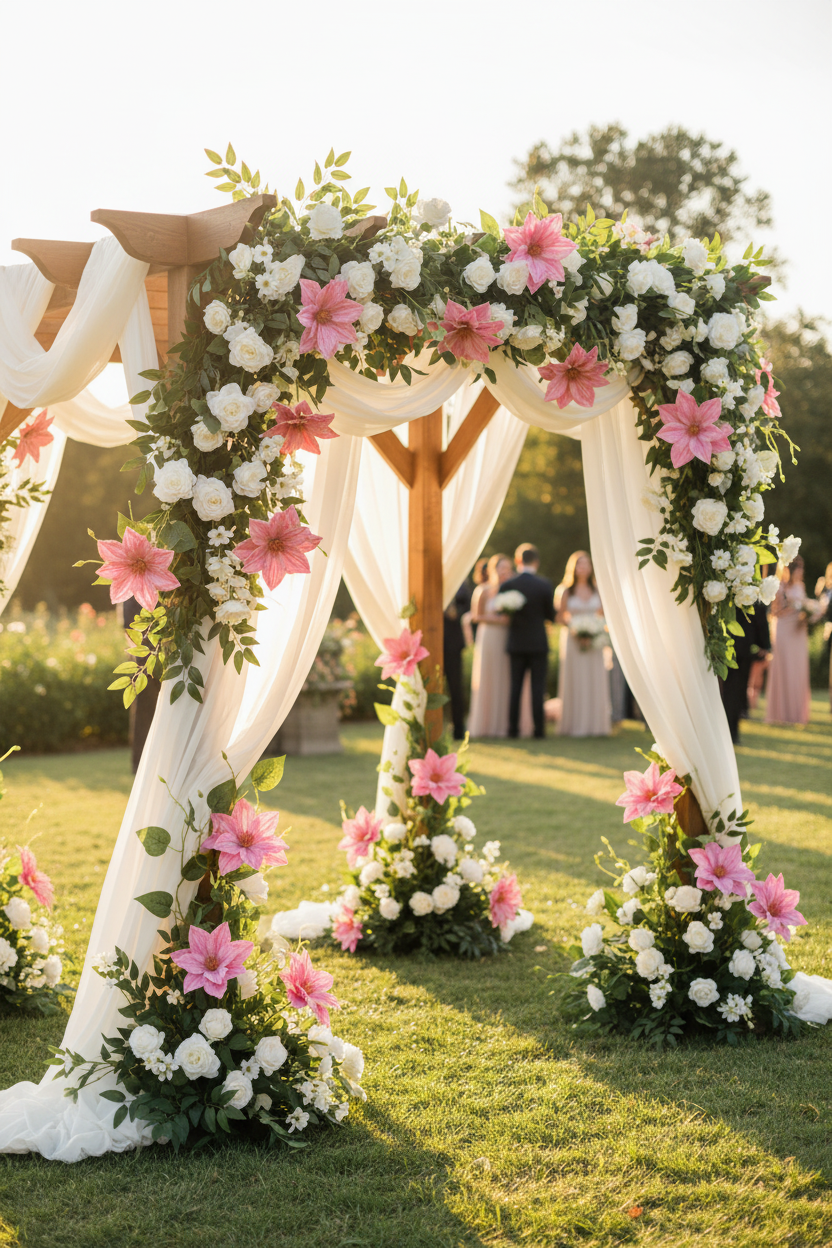 Soft pink clematis faux flower stem woven into a lush wedding arch with white roses and greenery in an outdoor garden ceremony at golden hour