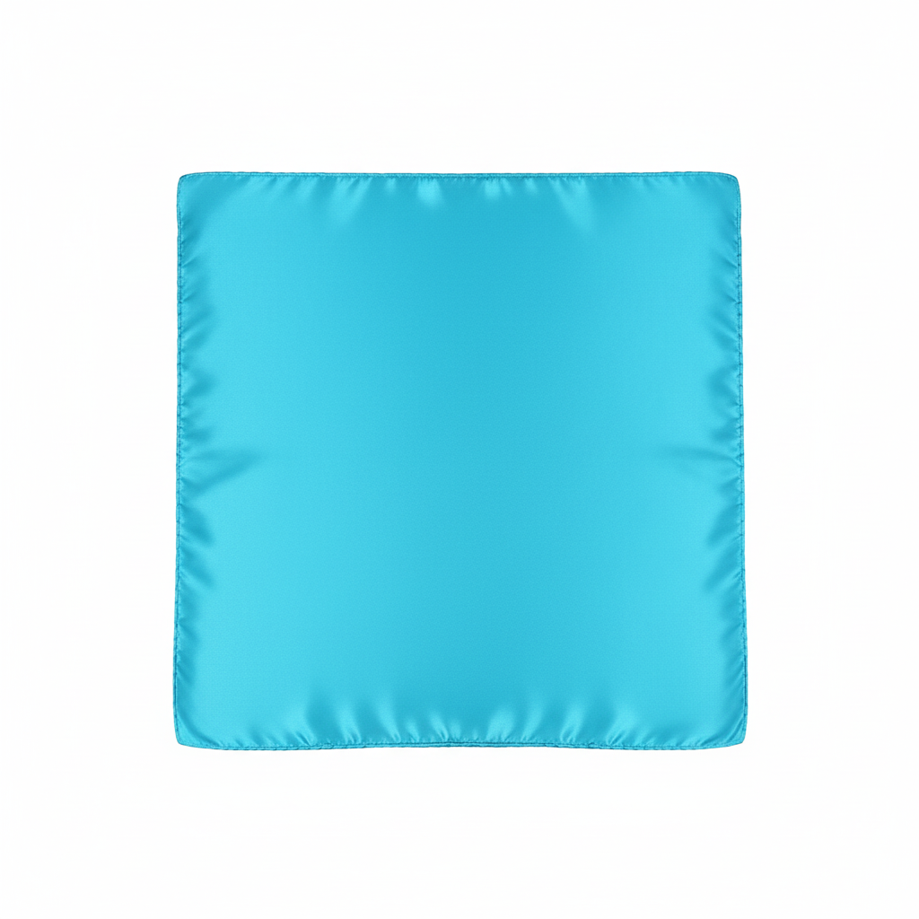 Flat lay of turquoise blue wild rag scarf showing full 35x35 inch square size on white background