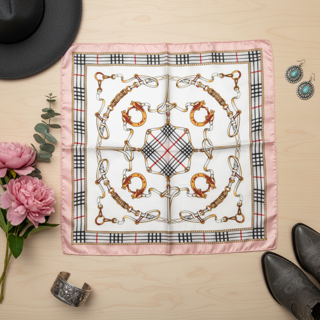Western flat lay of blush pink equestrian satin square scarf as centerpiece with dark gray cowgirl hat dark gray cowboy boots silver concho earrings silver western cuff bracelet and blush florals 20x20