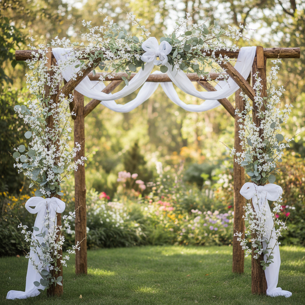Artificial white spiraea blossom branch stems woven into rustic wooden boho wedding arch decoration