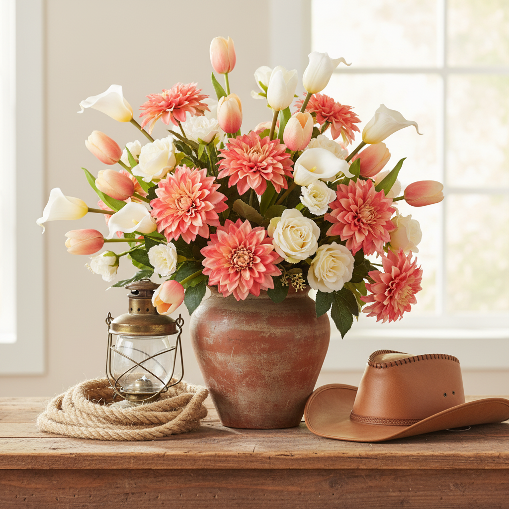 Faux coral pink dahlia stems with layered petals tucked into a lush western-style arrangement with peach tulips and white calla lilies in a rustic terracotta vase