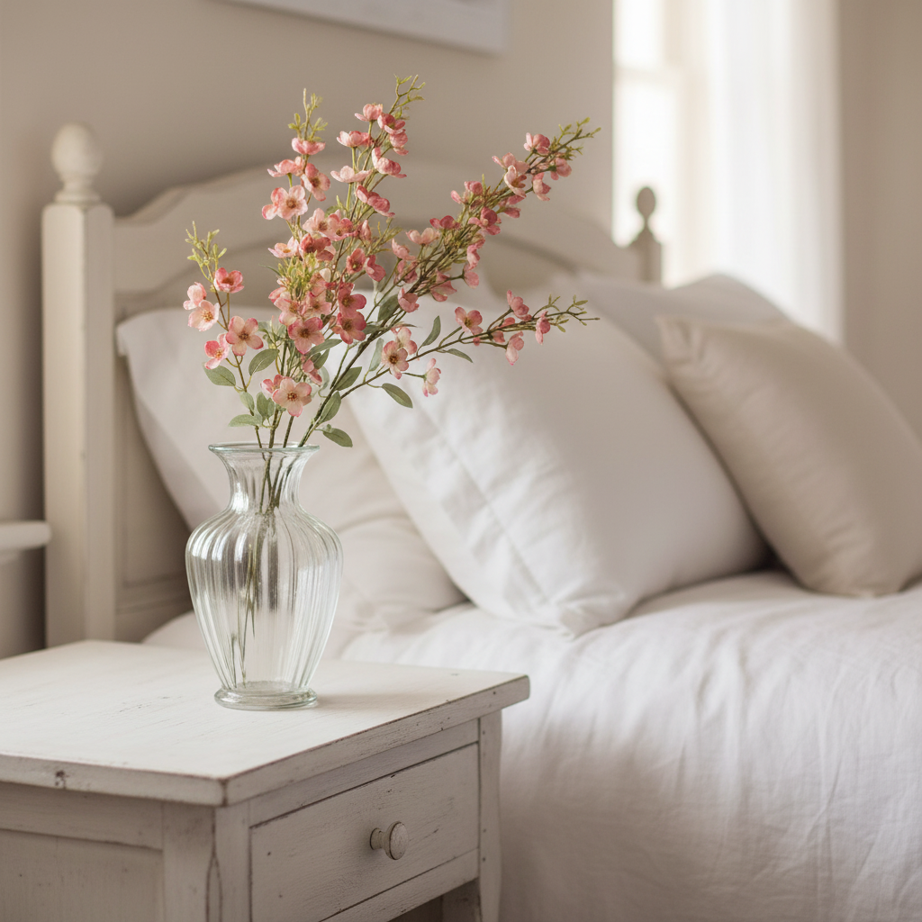 Artificial two-tone pink dogwood stems in vintage glass vase on French country bedroom nightstand with soft linen bedding