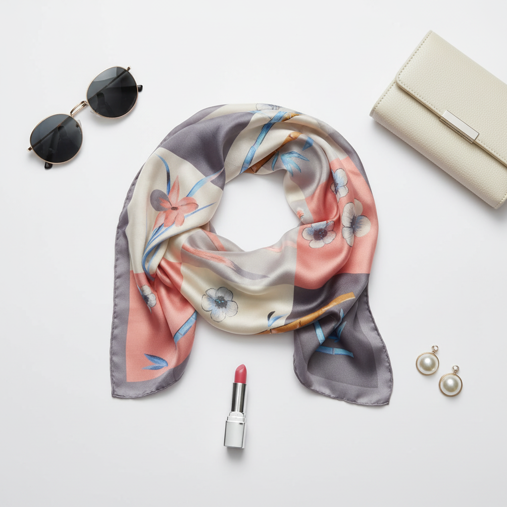 Flat lay of floral bamboo patchwork satin square scarf with fashion accessories sunglasses earrings lipstick and clutch on white background