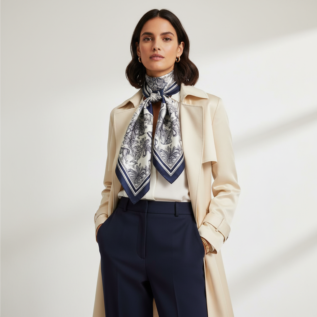 Woman wearing navy blue and white jungle safari animal print satin scarf tied as a neck scarf