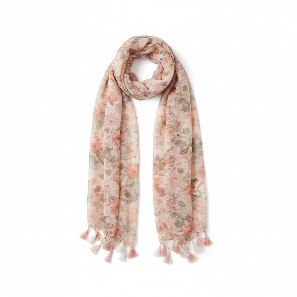Lightweight blush pink floral scarf with pink and white tassels on short ends only, flat lay on pure white background, 70x33 inches