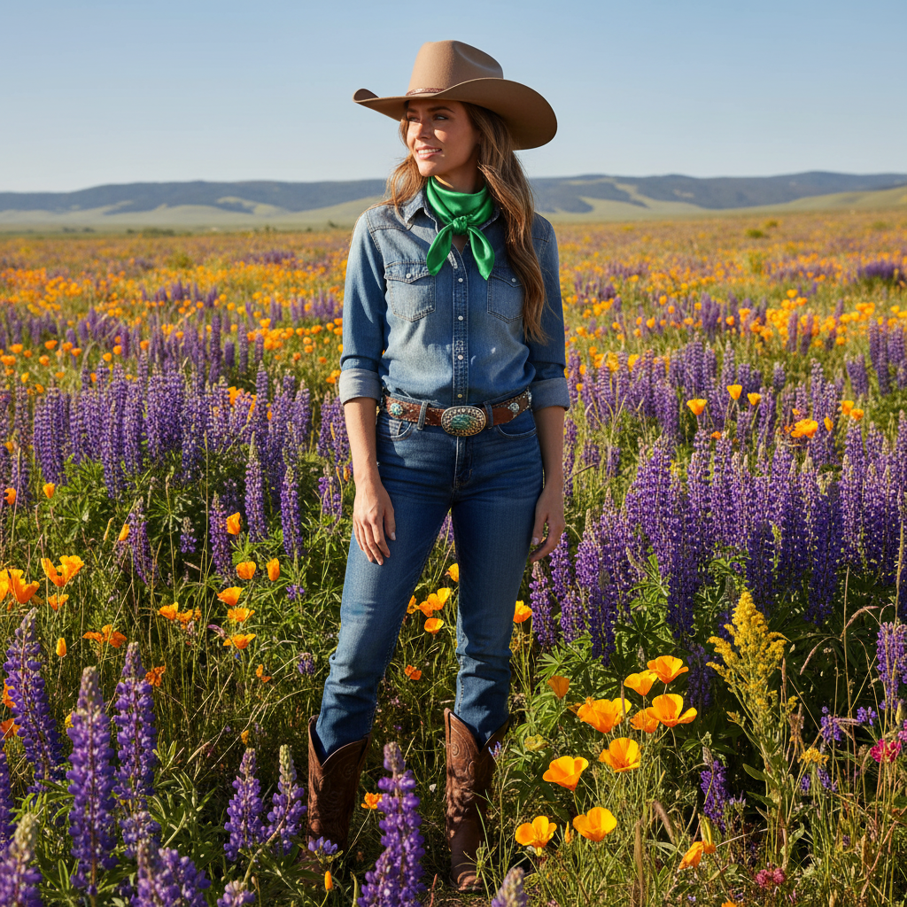 Woman wearing emerald green wild rag scarf in spring wildflower field