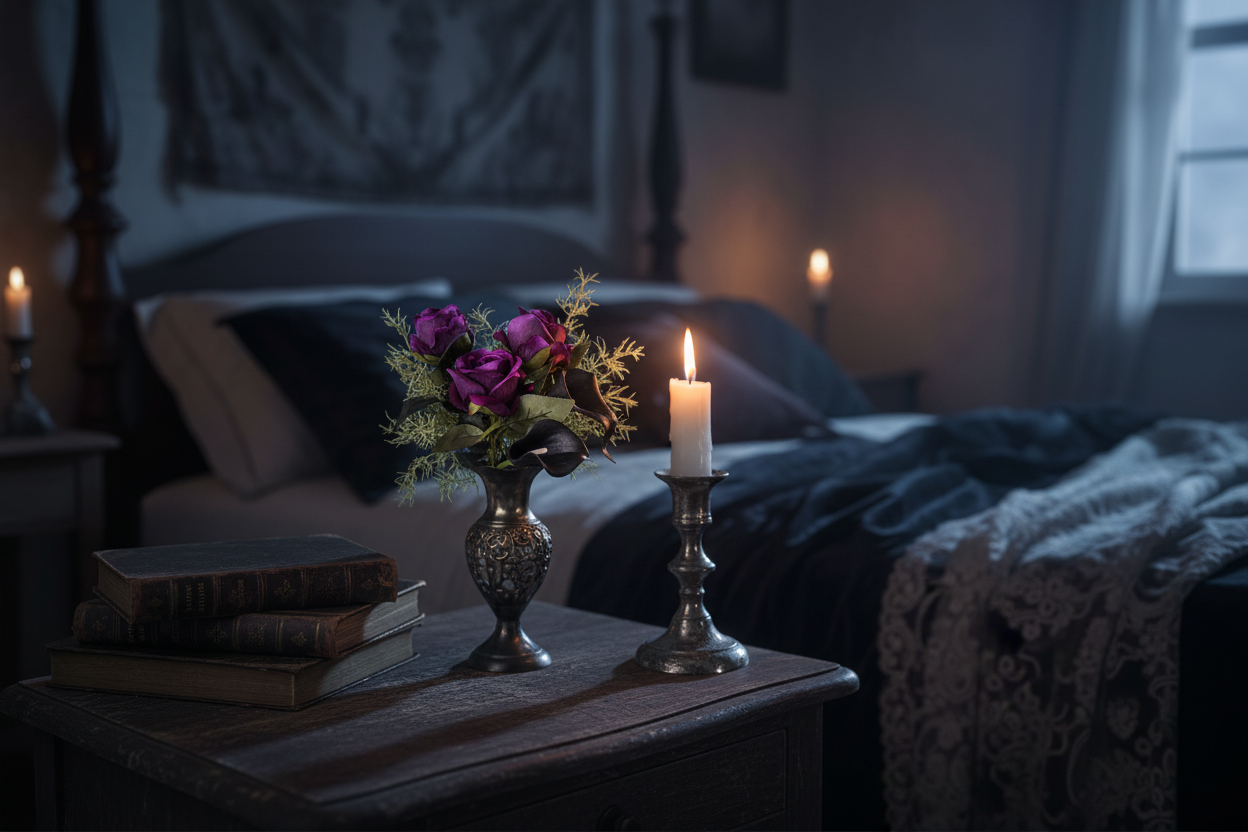 Gothic floral bouquet with purple roses and black calla lilies on bedside table next to vintage books and candle in moody bedroom setting