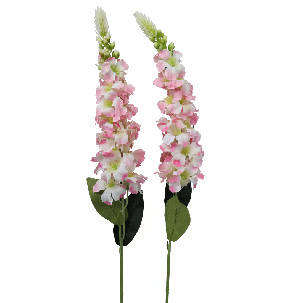 Two artificial pink and white snapdragon stems on pure white background