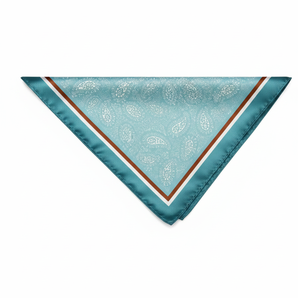 Turquoise aqua satin paisley square scarf folded into a neat triangle on white background showing white paisley pattern, dark teal outer border, white inner stripe, and cognac rust inner border stripe