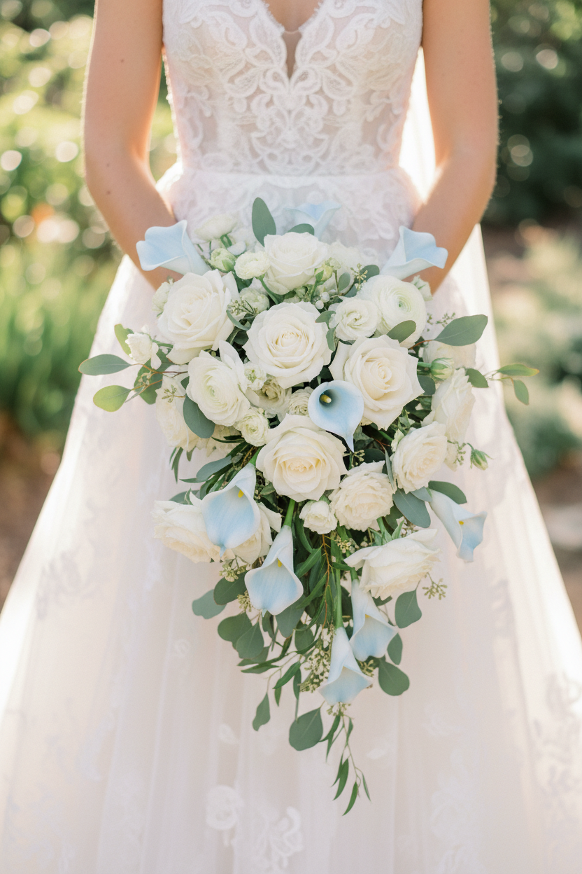 Baby blue artificial calla lily stems in a bridal bouquet with white roses and eucalyptus