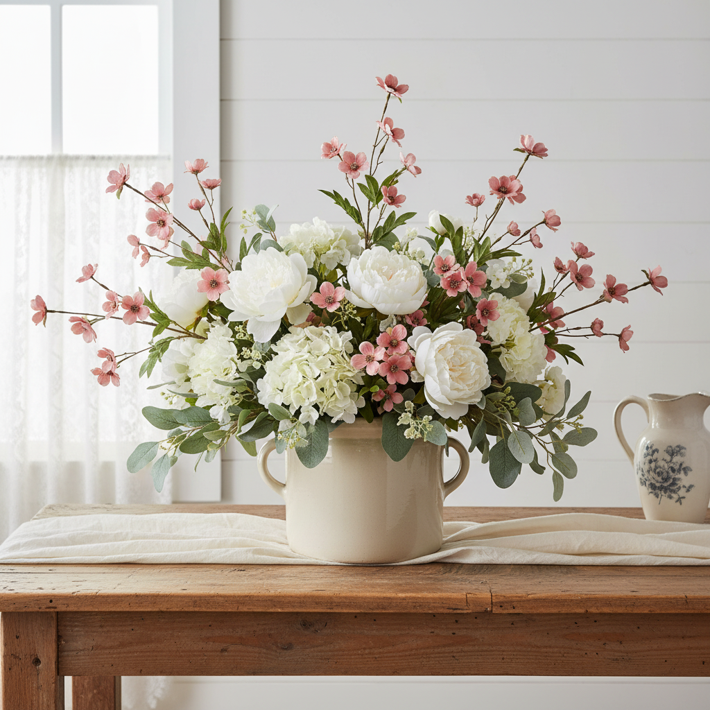 Dusty rose dogwood stems with white peonies, white hydrangeas, and eucalyptus in a cream stoneware crock on a reclaimed wood farmhouse table with white shiplap wall and lace curtain window