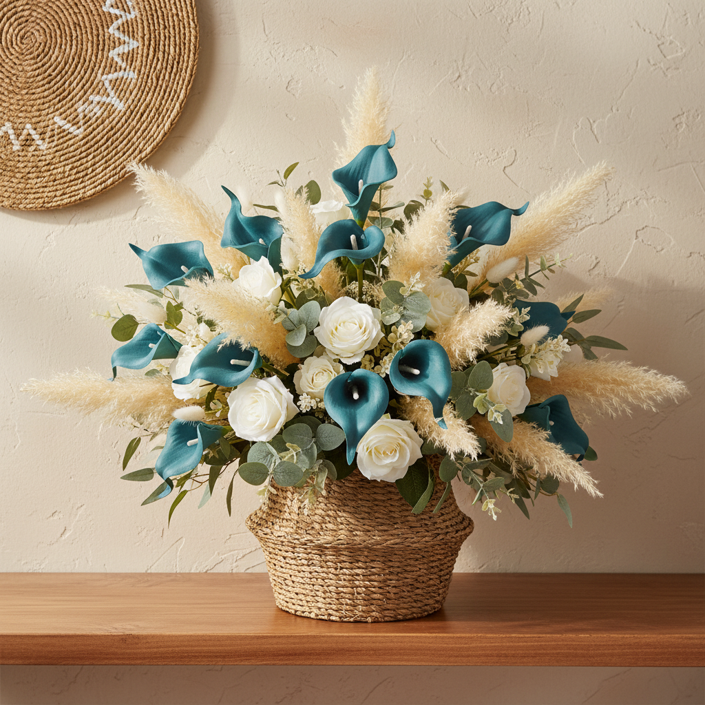 Faux teal calla lily stems in a woven seagrass basket on a wood shelf styled in a boho coastal interior with cream plaster wall