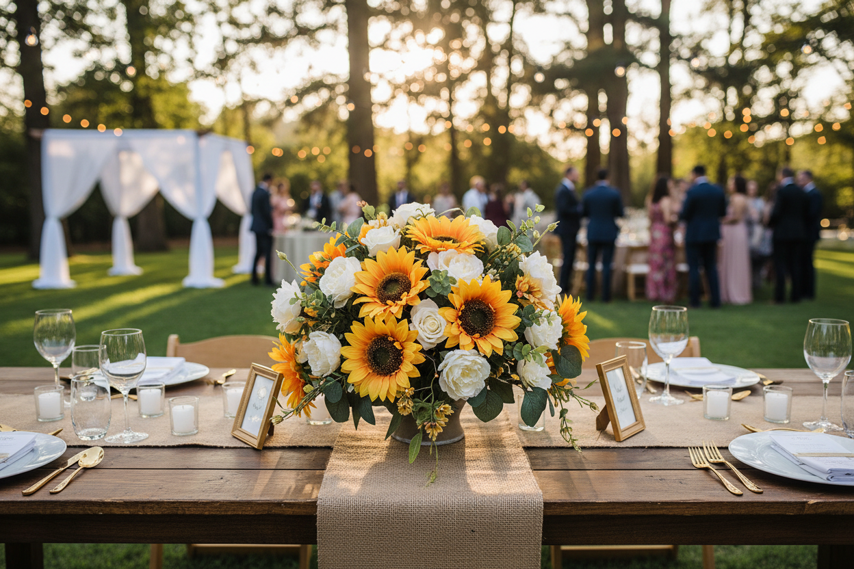 Artificial sunflower wedding centerpiece on rustic wooden table