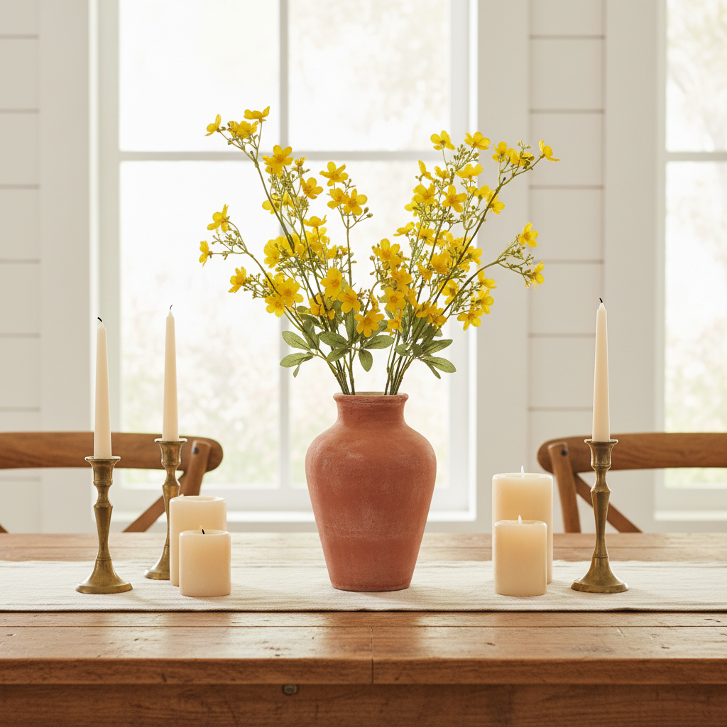 Artificial buttercup yellow dogwood stems in rustic terracotta vase as bright farmhouse dining table centerpiece with candles and linen