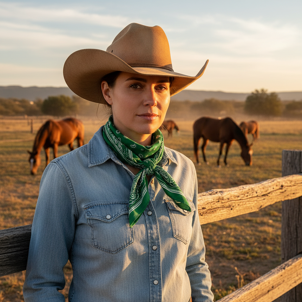 Woman wearing green paisley wild rag scarf at western ranch with horses