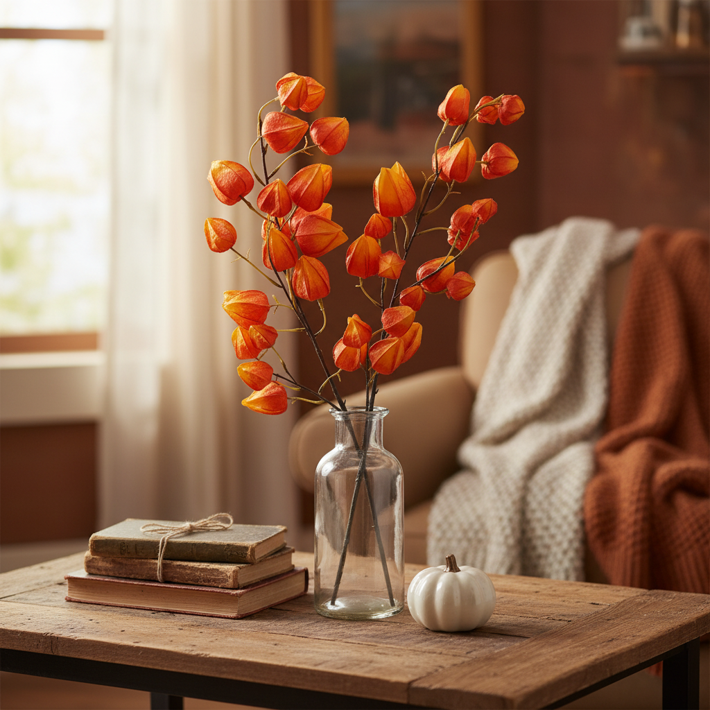 Two artificial orange Chinese lantern flower stems in glass vase on rustic wooden table with autumn decor