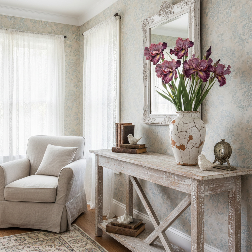 Artificial purple iris in distressed white vase, shabby chic French country cottage home decor, proportional medium-height stems