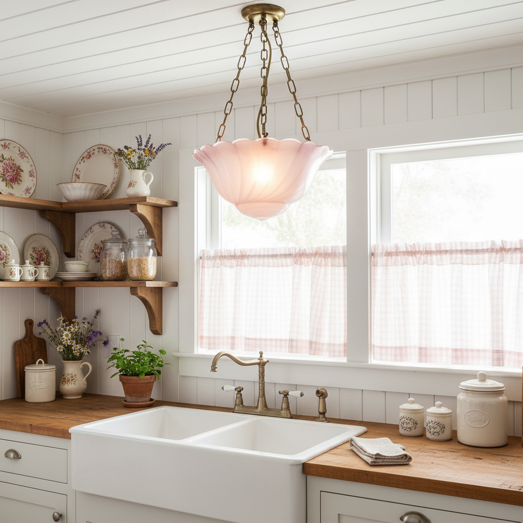 Pink frosted glass ceiling light shade in charming cottagecore farmhouse kitchen with white beadboard and vintage decor