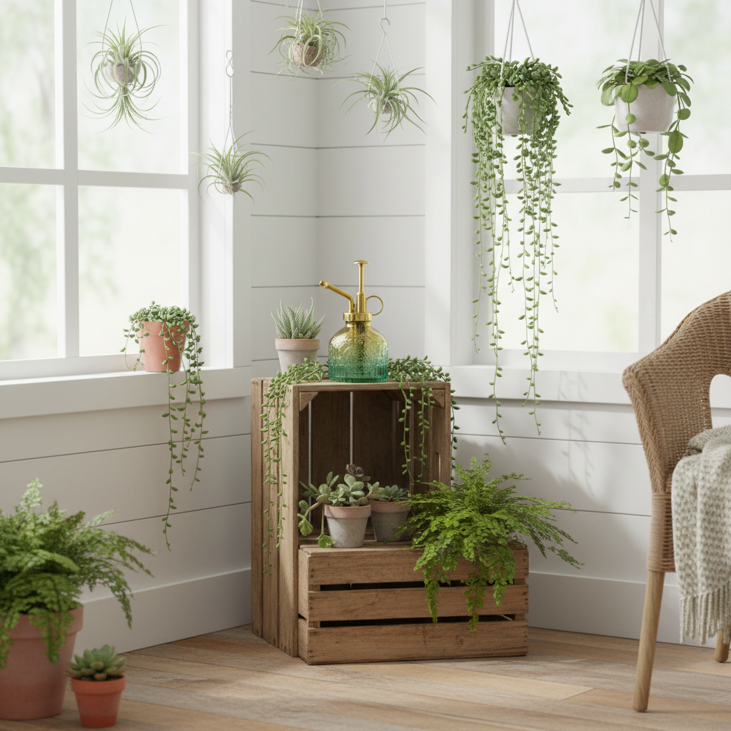 Green yellow gradient glass plant mister on vintage wooden crate with hanging air plants, tillandsia, and string of pearls in cottagecore sunroom