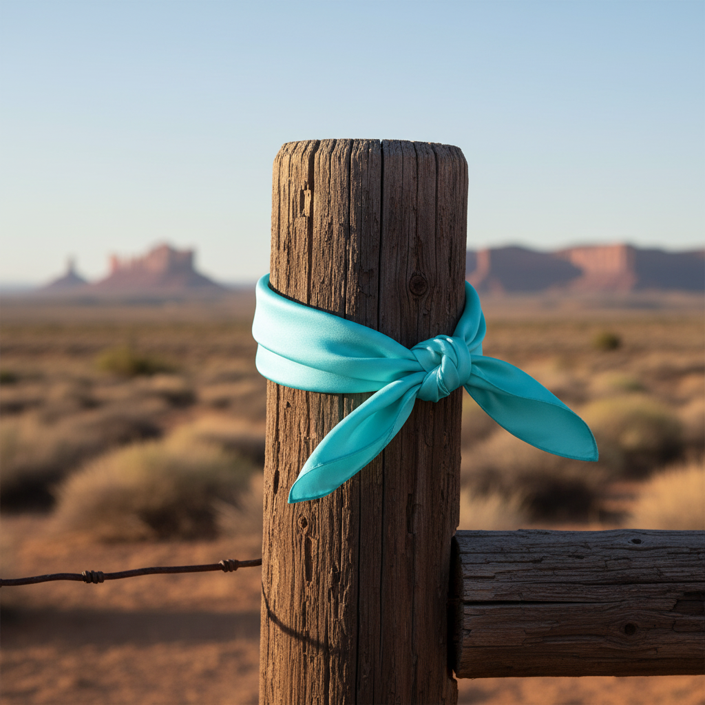 Turquoise silk bandana scarf styled on rustic wooden fence post in Western ranch setting