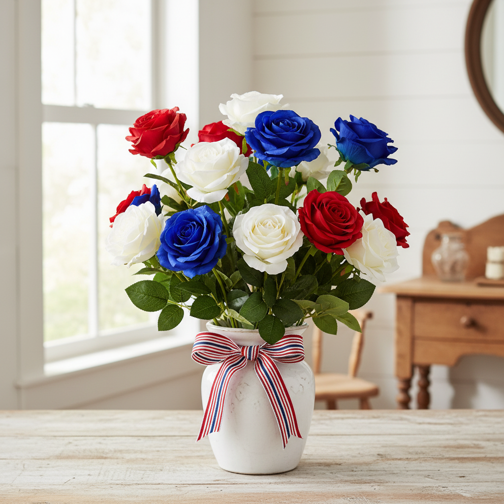 Royal blue, white, and red artificial roses arranged in a white ceramic vase with red white and blue ribbon, patriotic 4th of July floral centerpiece