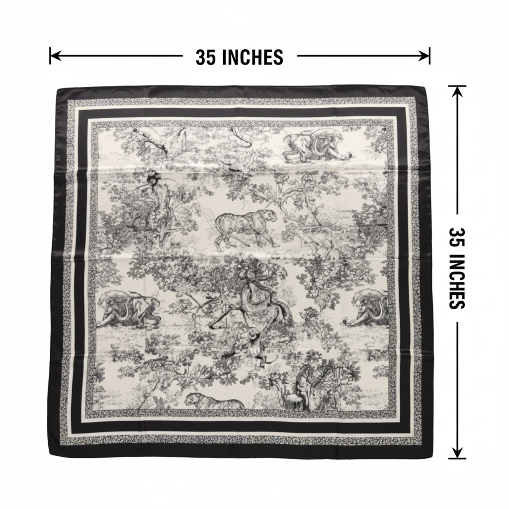 Black and white African jungle safari animal print square satin scarf 35x35 inch measurement diagram showing width and height dimensions