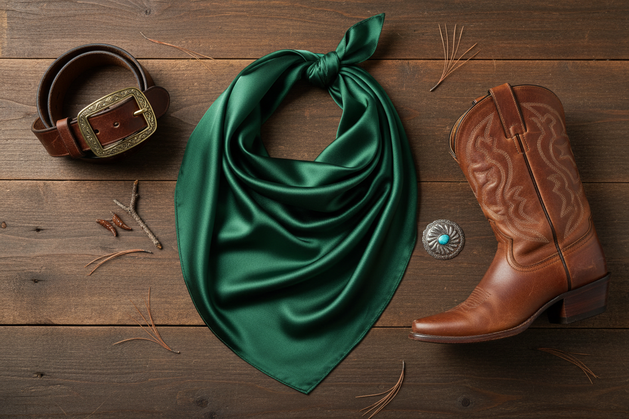Forest green wild rag flat lay with leather belt, brass buckle, and brown leather boots on barn wood