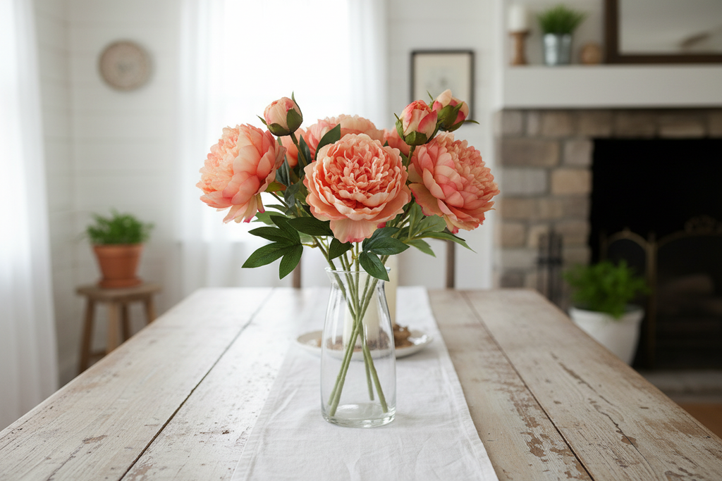 Farmhouse dining table with peach coral peony stems showing bud and bloom in glass vase with white linen and natural light
