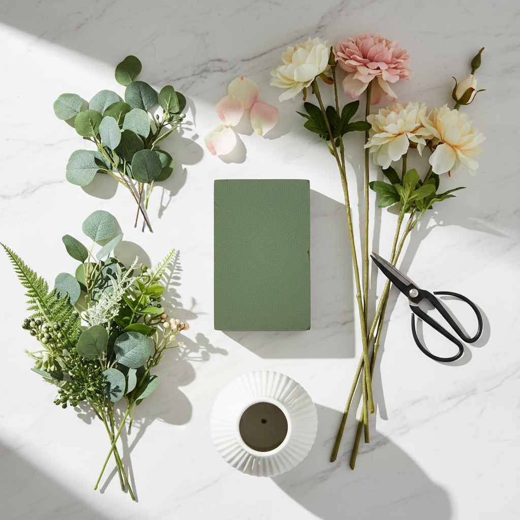 Overhead flat lay of green floral foam brick with floral scissors, artificial silk flower stems, faux greenery and decorative vase on white marble surface