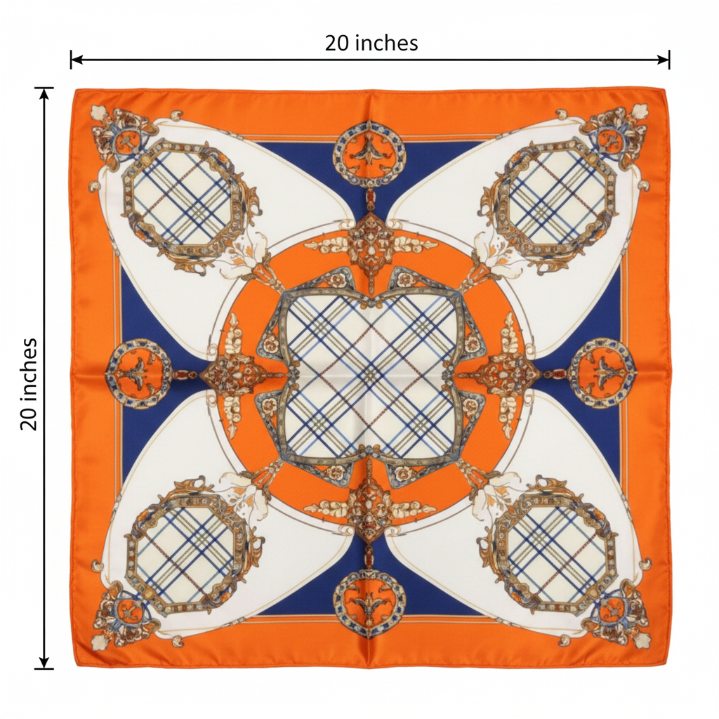 Orange Chain Print Satin Scarf Measurement Diagram 20 x 20 Inches Square Dimensions