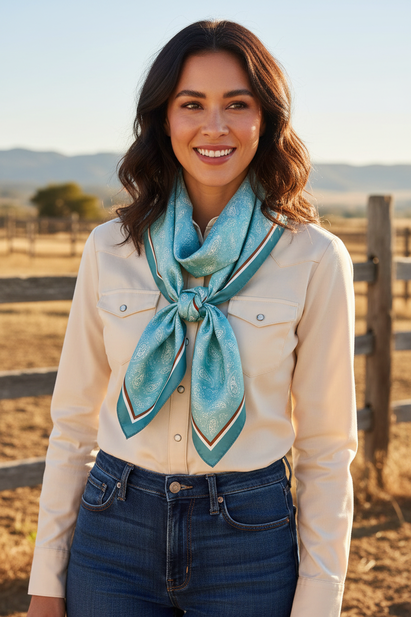 Woman wearing light aqua turquoise paisley satin scarf as a western wild rag loosely draped and knotted at the front of the neck, western shirt and jeans, outdoor ranch setting with wooden fence in background