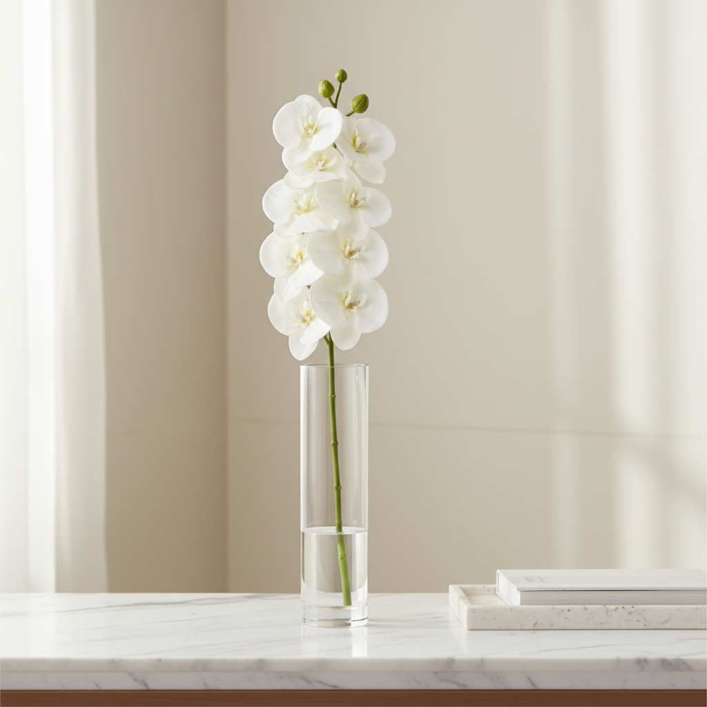 Ivory white artificial orchid stem displayed in a tall clear glass vase on a white marble countertop, minimalist luxury home decor
