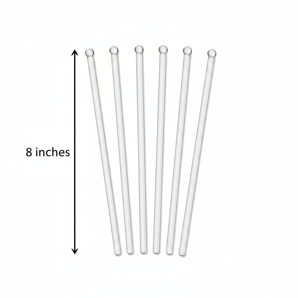 Flat lay measurement diagram of 6 clear glass cocktail stir sticks on white background with arrow showing 8 inch length