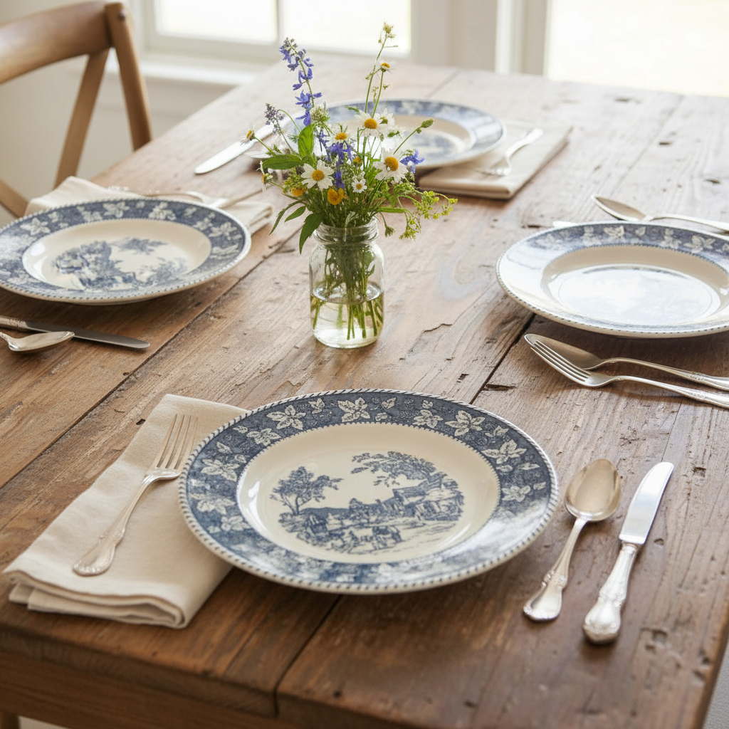 Multiple vintage Homer Laughlin Shakespeare Country dinner plates styled at farmhouse table setting with linen napkins and wildflower centerpiece