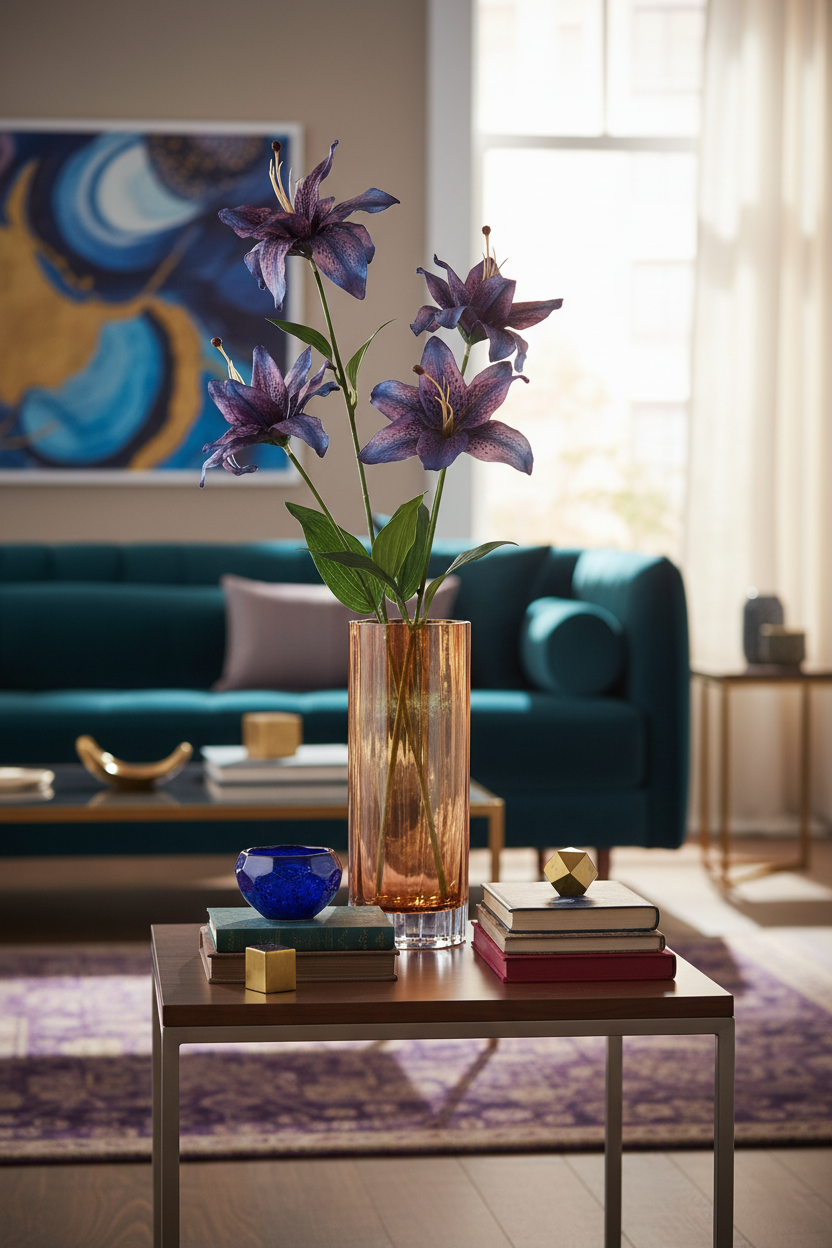 Purple blue tiger lily stems in tall amber glass vase on modern side table, jewel-toned contemporary decor