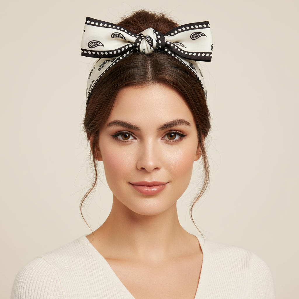 Woman wearing cream and black paisley skinny scarf as a headband tied in a bow – twilly scarf headband style
