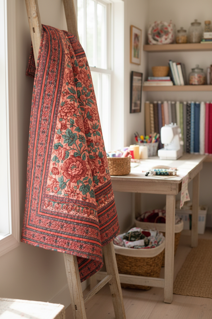 Quilt featuring Border Basics fabric displayed on wooden ladder in bright craft room