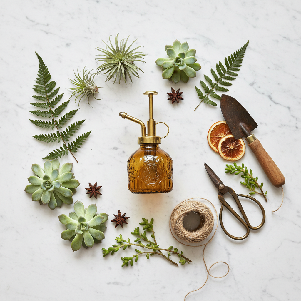 Flat lay of amber glass plant mister on white marble with air plants, succulent cuttings, and botanical elements
