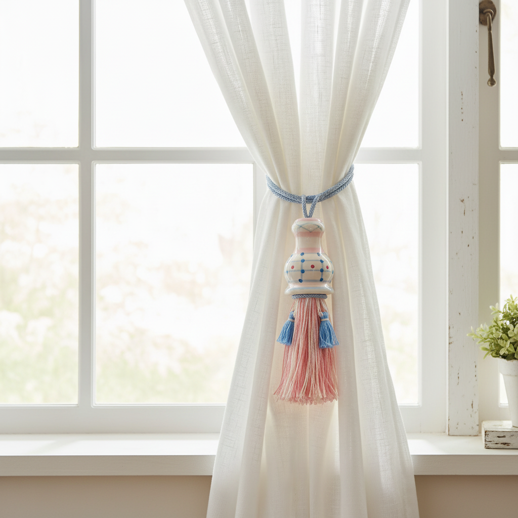 Vintage Ganz Bella Casa pastel tassel ornament used as curtain tieback on sheer white linen curtains in cottage-style window