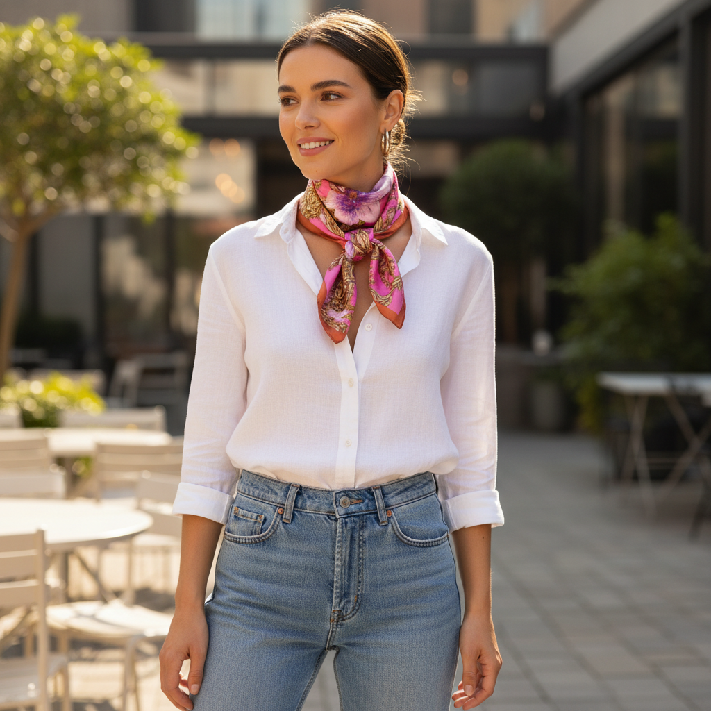 Woman Wearing Pink Orchid Baroque Satin Scarf as Neck Scarf 20x20 Square Accessory