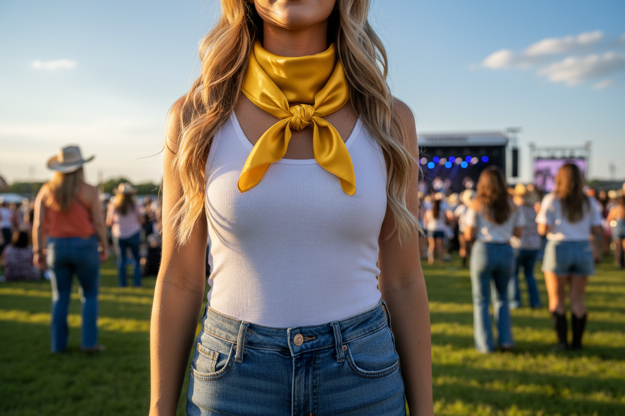 Bright gold wild rag at summer country concert with white tank and denim